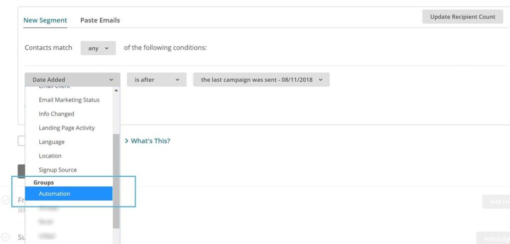 screenshot of mailchimp automations exclusion